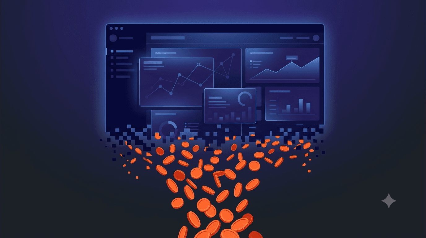 Illustration of a software interface dissolving into falling coins, evoking shrinking AI gross margins.