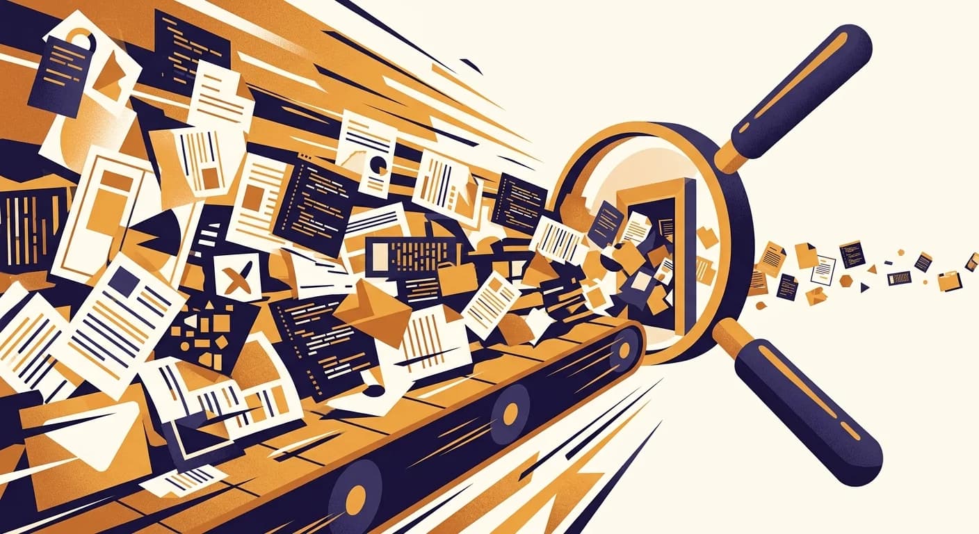 A flood of generated documents and code funneling into one narrow inspection gate guarded by a magnifying glass.