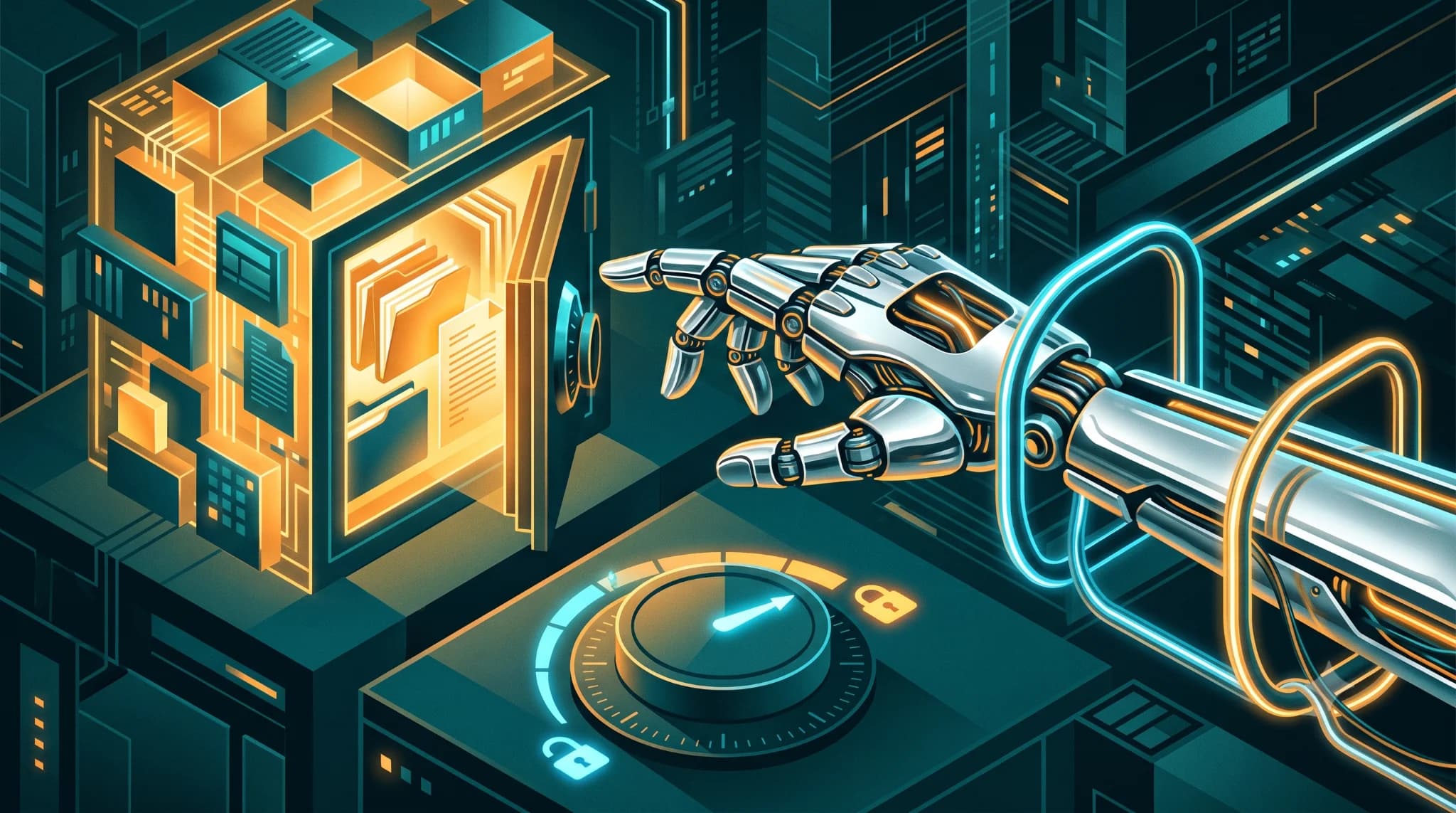 A robotic hand reaching for a vault of private data, restrained by glowing guardrail bars and an autonomy dial.