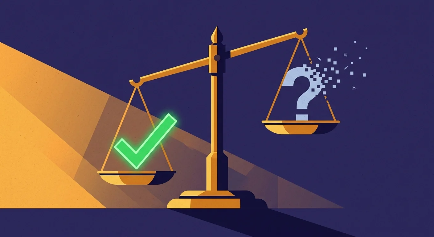 A balance scale weighing a green checkmark against a dissolving pixelated question mark, evoking outcome-based pricing.