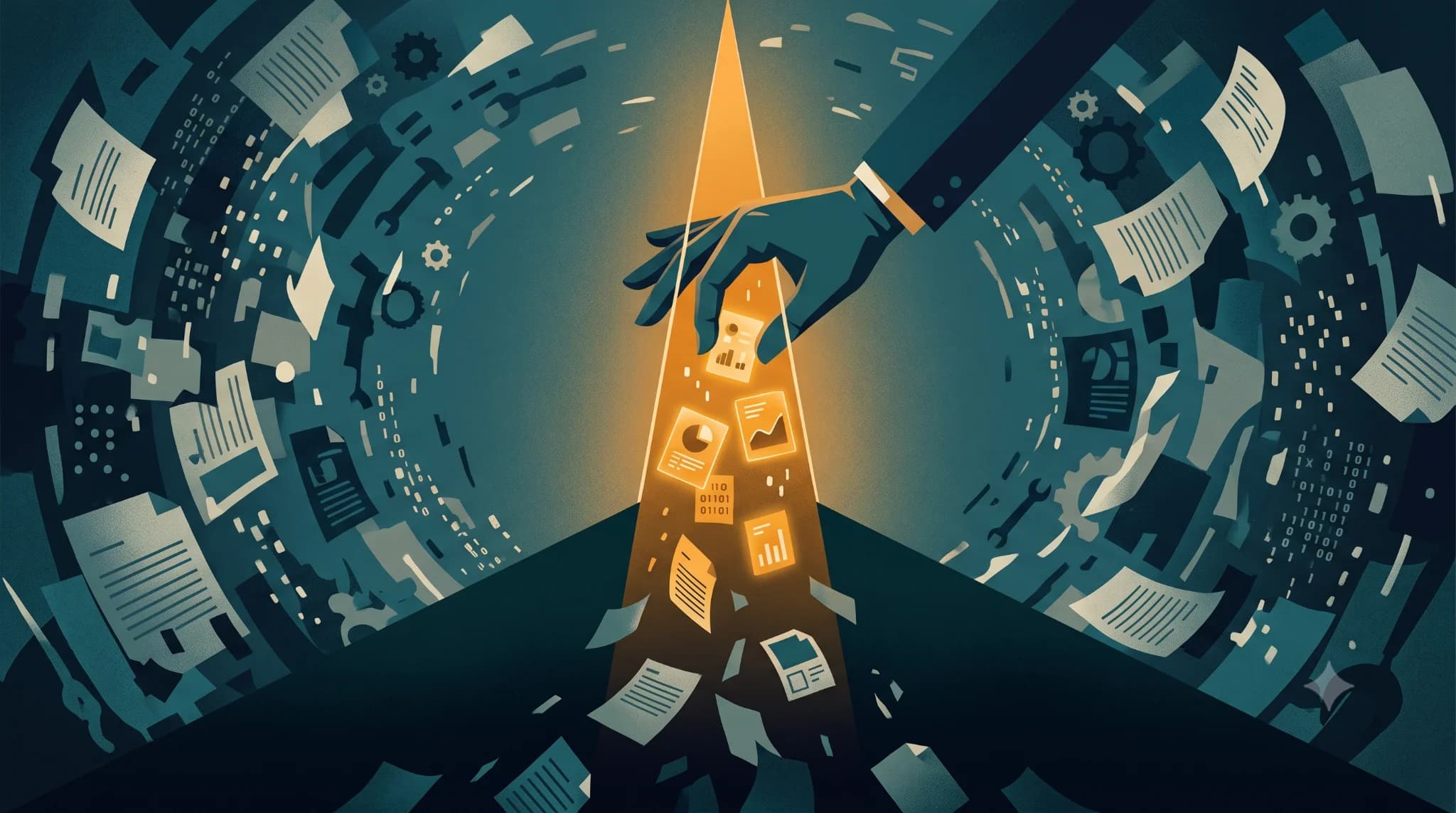 A hand curating a few glowing information cards into a narrow beam of light, symbolizing context engineering for AI agents.