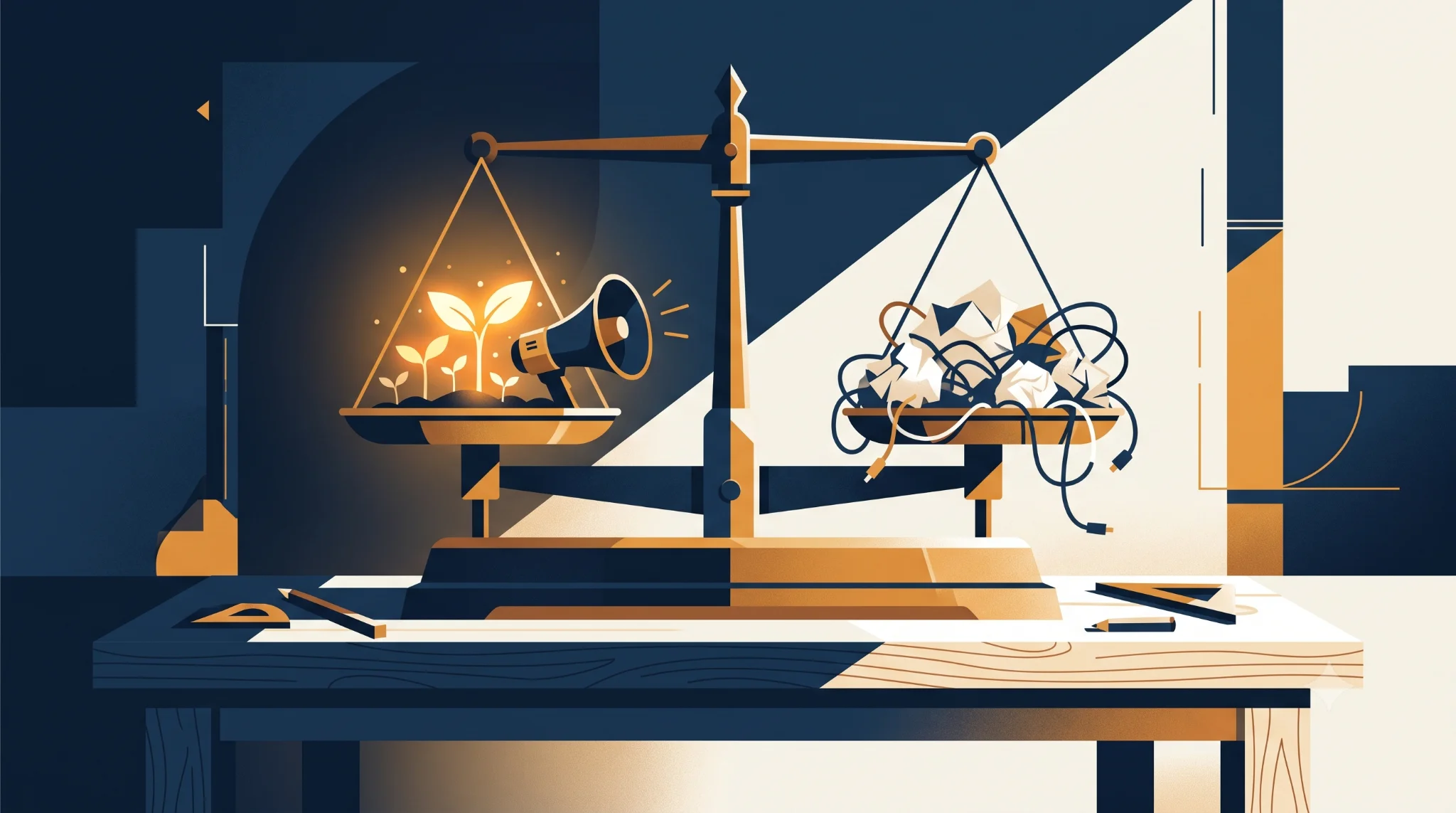 Balance scale weighing the payoffs and costs of building in public
